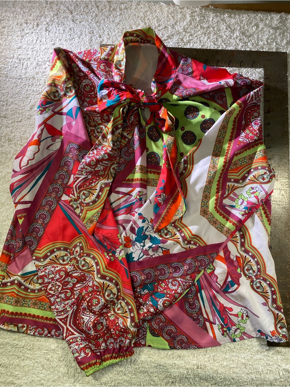Reversible Paisley Scarf-Print Tie-Neck Blouse in Red Pink Green